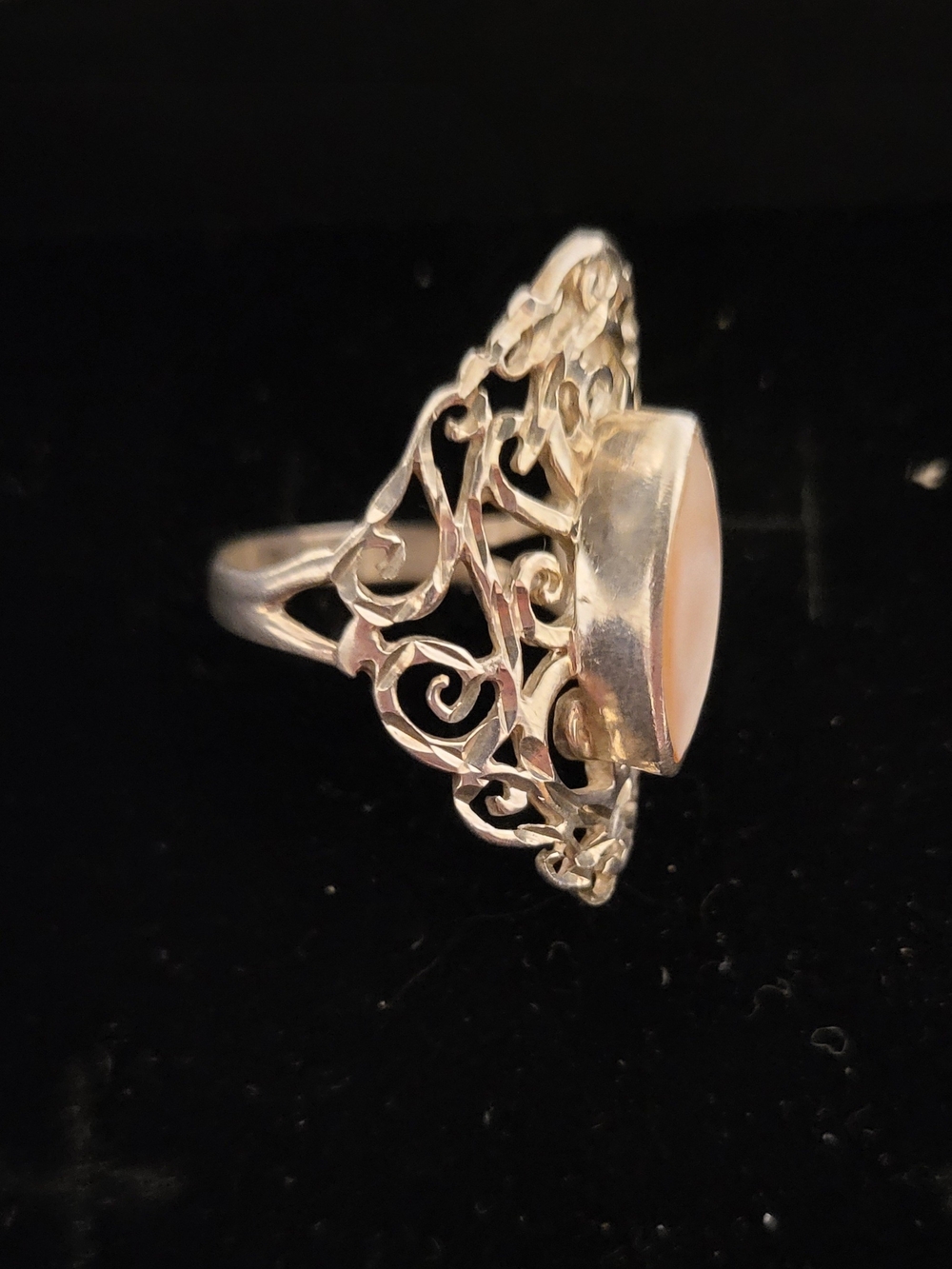 Sterling Silver Filigree Pink Mother of Pearl Ring, Romantic, Boho